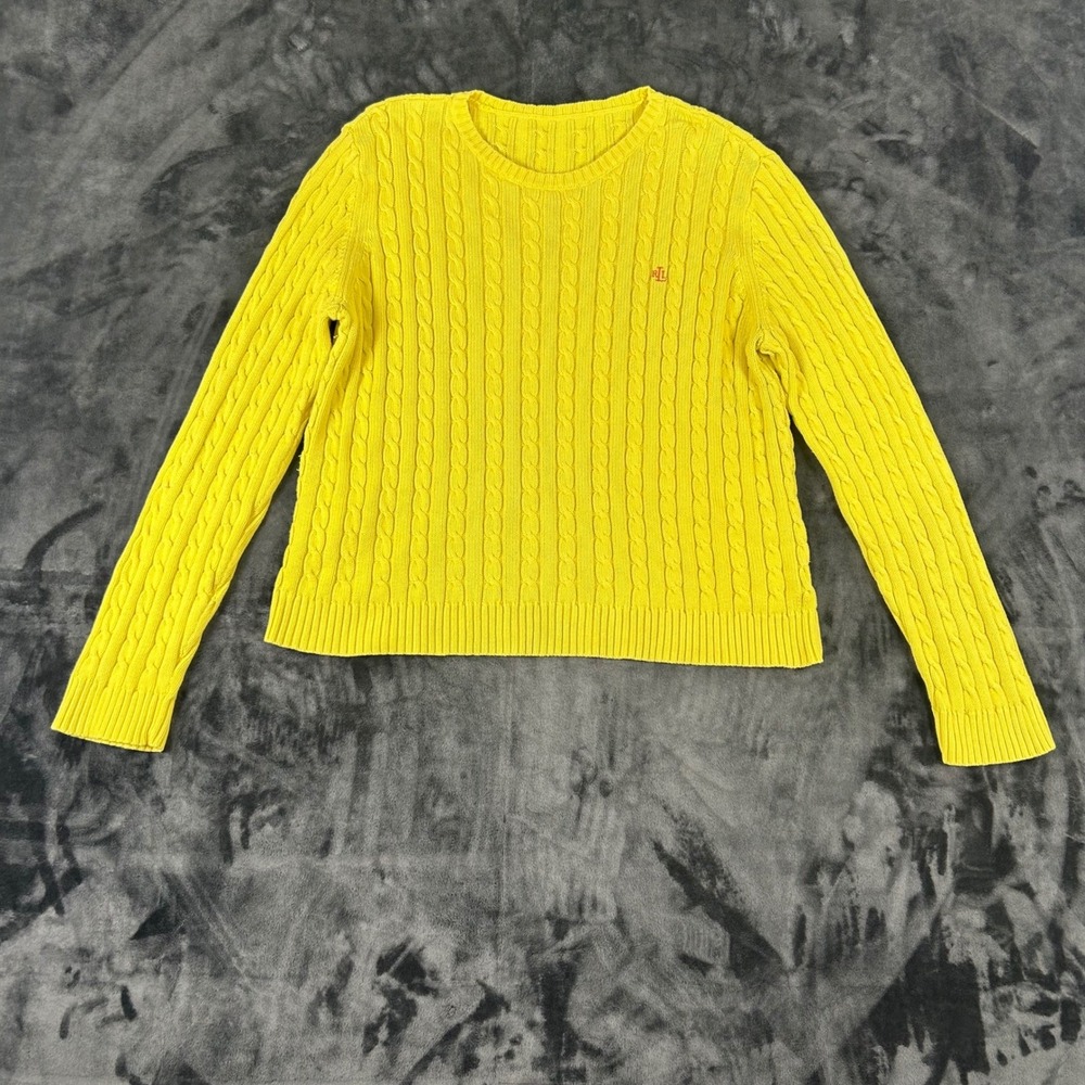 Lauren Ralph Lauren Cable Knit Sweater Womens L Yellow  Crew Neck Long Sleeve